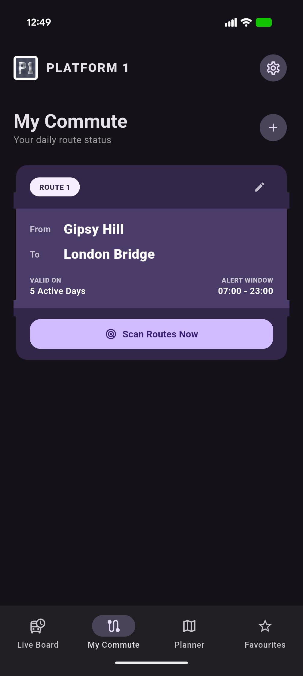 Platform 1 App showing the My Commute radar feature